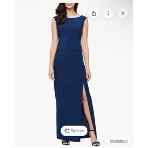 Alex Evenings Women's Size 10 Navy Blue Beaded Neck Long Gown Formal